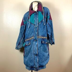 Vintage 80s 90s Acid Washed Current Scene oversized Applique Denim Coat large